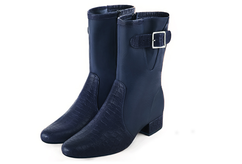 Navy blue women's ankle boots with buckles on the sides. Round toe. Low block heels. Front view - Florence KOOIJMAN